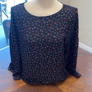 Loft red white & blue floral & geometric print on black blouse small petites